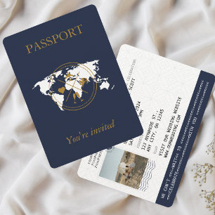 Navy Blue Gold Passport Destination Wedding Photo Invitation