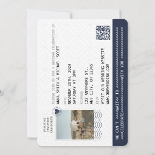 Navy Blue Gold Passport Destination Wedding QR Invitation