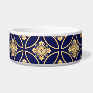 NAVY BLUE & GOLD PATTERNED DOG/CAT BOWL
