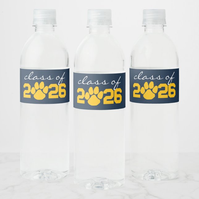 Navy Blue & Gold Paw Print Graduation Water Bottle Label (Bottles)