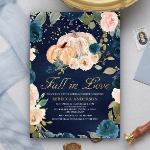 Navy Blue Gold Peach Floral Pumpkin Bridal Shower Invitation
