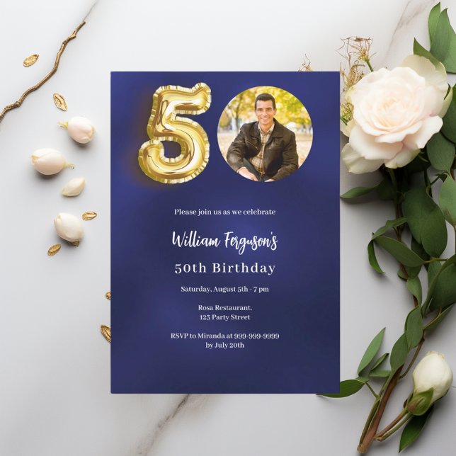 Navy blue gold photo 50th birthday invitation (Creator Uploaded)