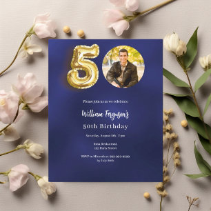 Navy blue gold photo 50th birthday invitation