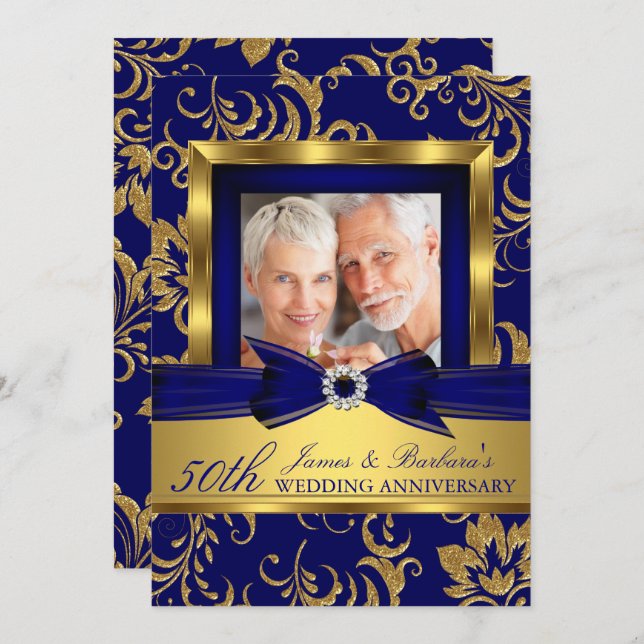Navy Blue Gold Photo 50th Wedding Anniversary Invitation (Front/Back)