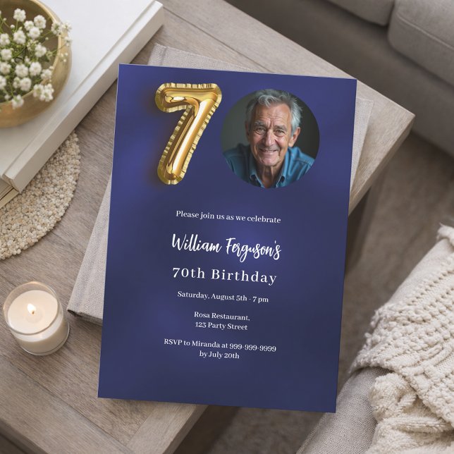 Navy blue gold photo 70th birthday invitation (Creator Uploaded)