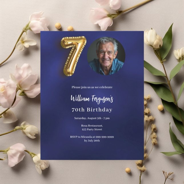 Navy blue gold photo 70th birthday invitation (Creator Uploaded)