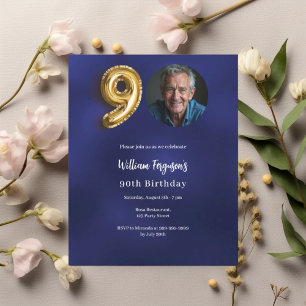 Navy blue gold photo 90th birthday invitation