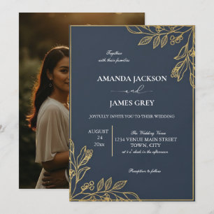 Navy Blue Gold Photo Back Botanical Wedding Invite