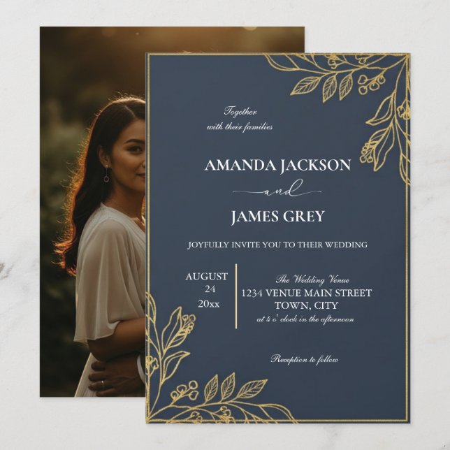 Navy Blue Gold Photo Back Botanical Wedding Invite (Front/Back)
