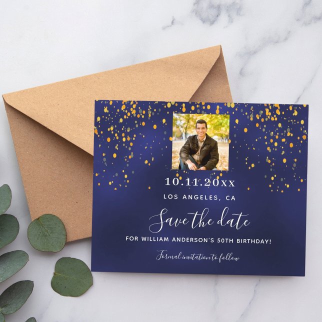 Navy blue gold photo birthday save the date flyer (Creator Uploaded)