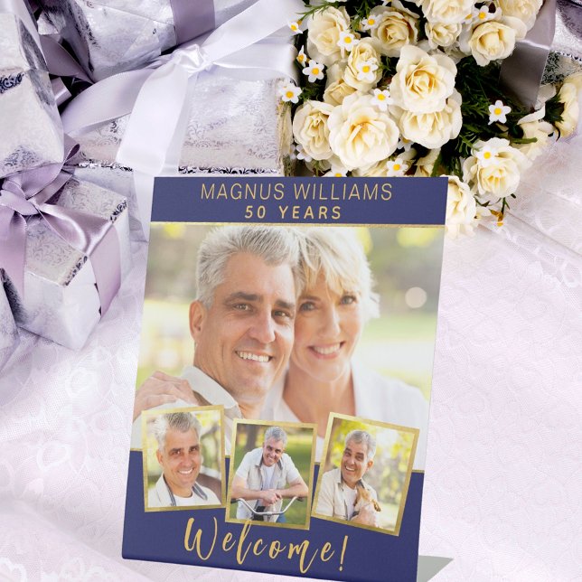 Navy blue gold photo collage birthday welcome pedestal sign (Creator Uploaded)