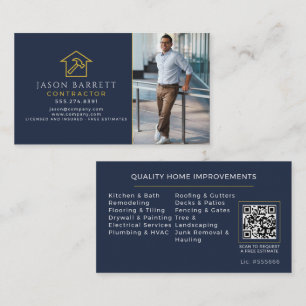 Navy Blue Gold Photo Contractor Remodeling QR Code Business Card