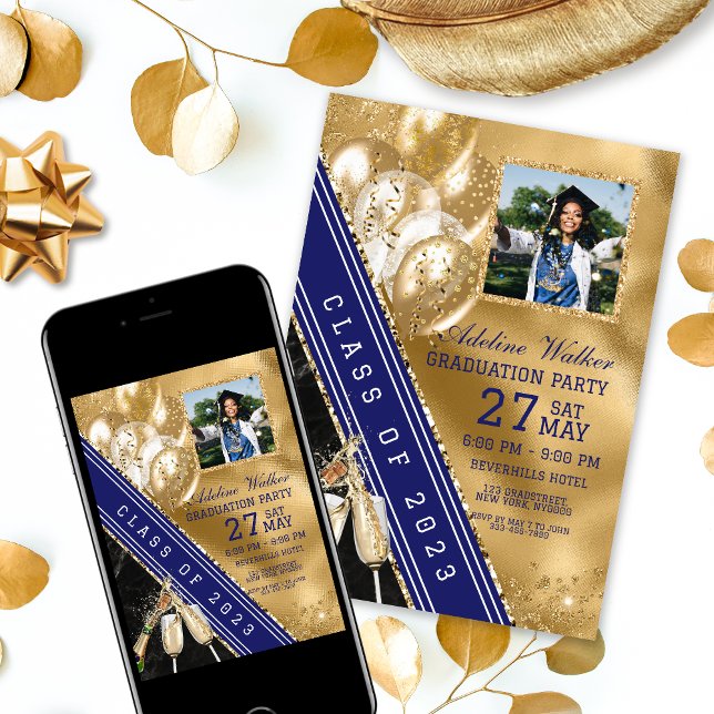 Navy Blue & Gold Photo Graduation Party Invitation (Creator Uploaded)