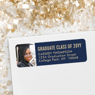 Navy Blue Gold Photo Graduation Return Address