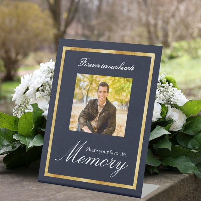 Navy blue gold photo memorial share a memory pedestal sign (Creator Uploaded)