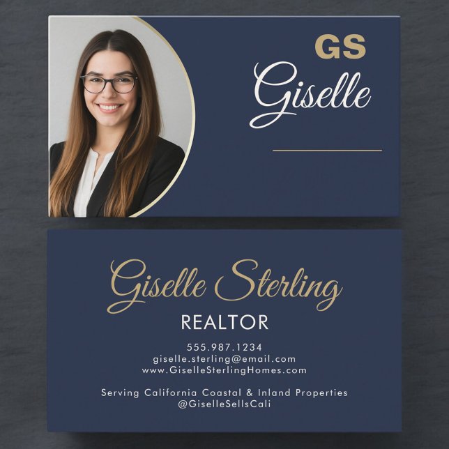 Navy Blue Gold Photo Monogram Luxury Realtor  Business Card (Creator Uploaded)