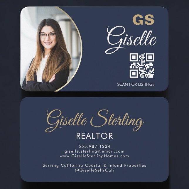 Navy Blue Gold Photo Monogram Realtor QR Code  Business Card (Creator Uploaded)