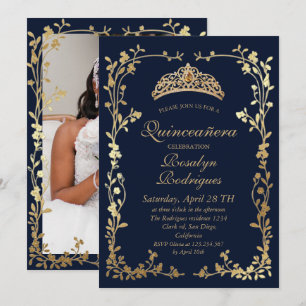 Navy Blue & Gold Photo Quinceanera Invitation