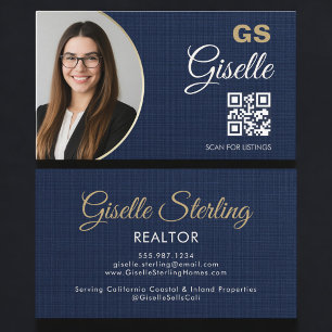 Navy Blue Gold Photo Realtor QR Code Linen Business Card