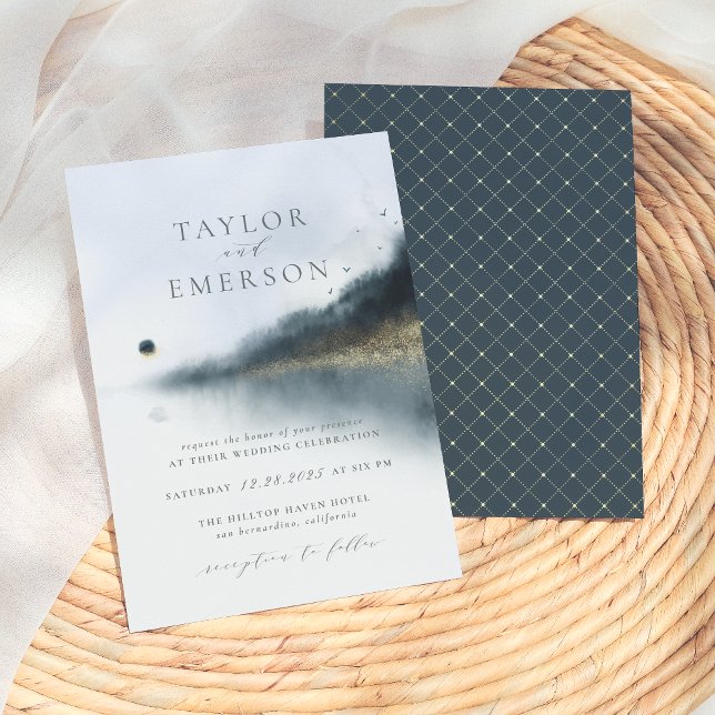 Navy Blue & Gold Pine Tree & Lake Wedding Invitation (Creator Uploaded)