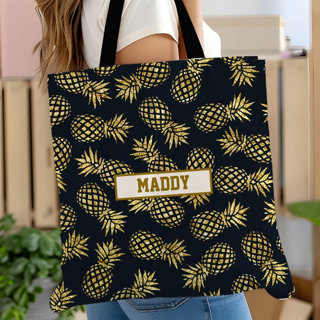 Navy Blue Gold Pineapple Pattern Monogram Tote Bag (Creator Uploaded)