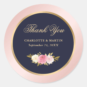 Navy Blue Gold Pink Watercolor Floral Thank You Classic Round Sticker