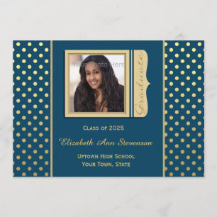 Navy Blue, Gold Polka Dots, Graduation Photo Invitation
