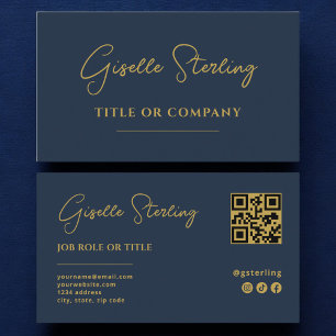 Navy Blue Gold Professional Company Script QR Code Business Card