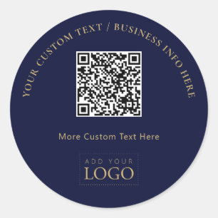 Navy Blue Gold Promotional Business Logo QR Code Classic Round Sticker