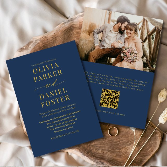Navy Blue Gold QR Code Classic Photo Wedding Invitation (Creator Uploaded)