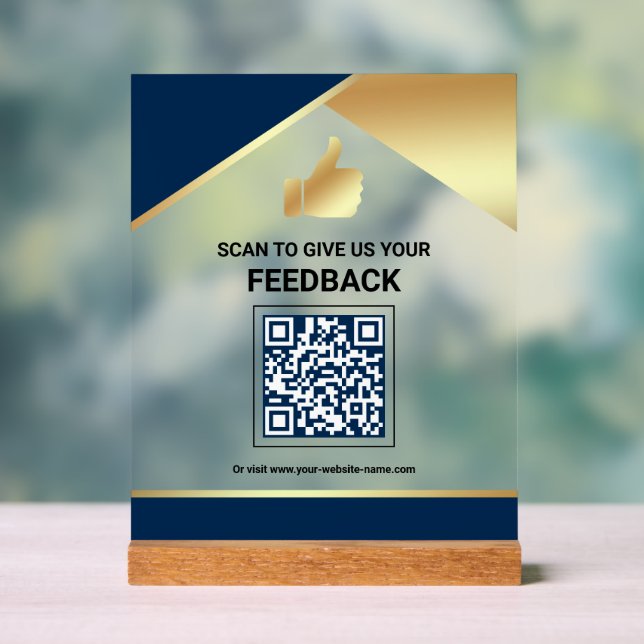 Navy Blue Gold QR Code Customer Feedback Review Acrylic Sign (Neutral)
