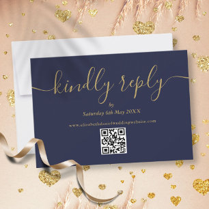 Navy Blue Gold QR Code Elegant Script Kindly Reply RSVP Card