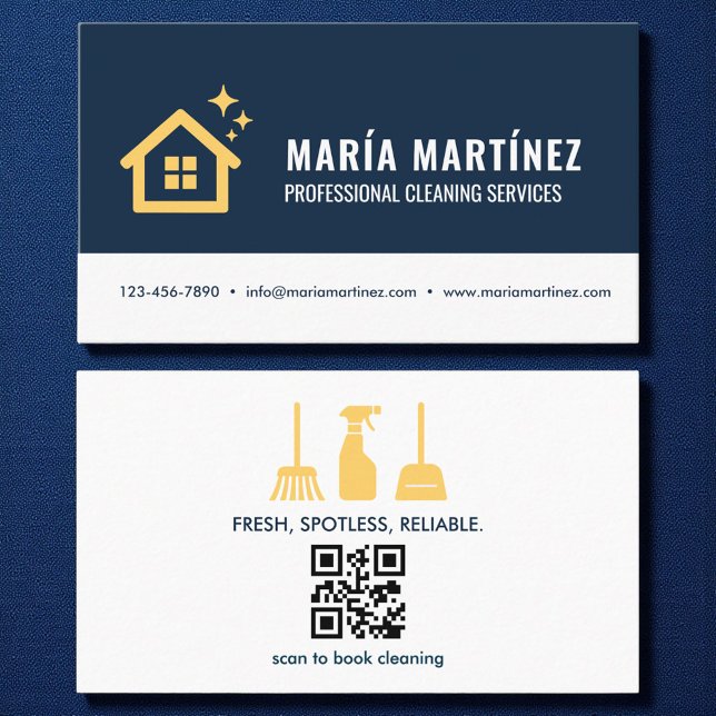 Navy Blue & Gold QR Code House Cleaning Services  Business Card (Creator Uploaded)