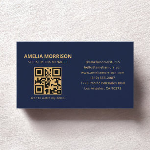 Navy Blue Gold QR Code Minimalist Professional Business Card