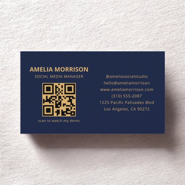 Navy Blue Gold QR Code Minimalist Professional Business Card (Creator Uploaded)