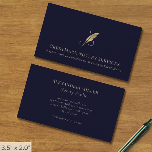 Navy Blue Gold Quill Logo Business Card (Creator Uploaded)