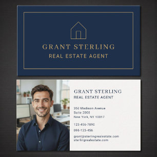 Navy Blue Gold Real Estate Agent Photo Business Card