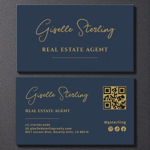 Navy Blue & Gold Real Estate Agent QR Code Business Card