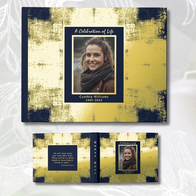 Navy Blue Gold Real Foil Funeral GuestBook Elegant (Creator Uploaded)