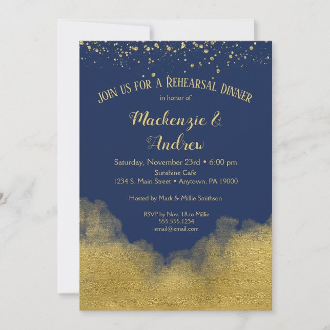 Navy Blue Gold Rehearsal Dinner Invitation (Front)
