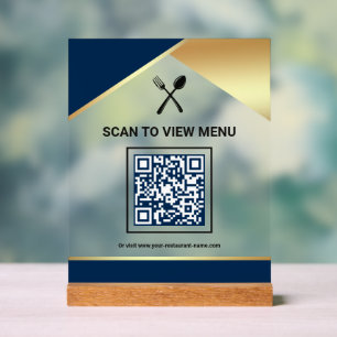 Navy Blue Gold Restaurant Digital QR Code Menu Acrylic Sign