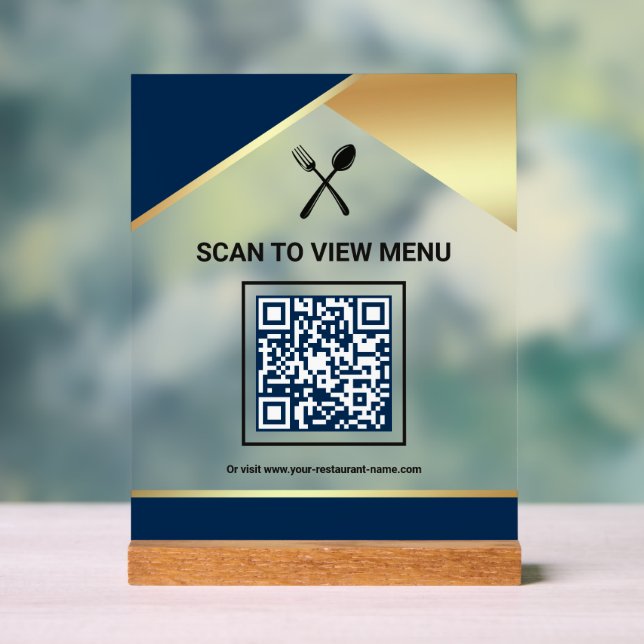 Navy Blue Gold Restaurant Digital QR Code Menu Acrylic Sign (Neutral)