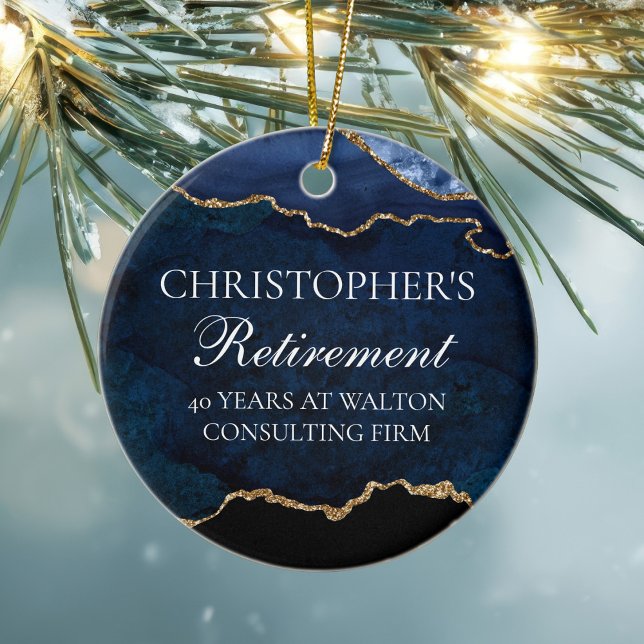 Navy Blue Gold Retirement Personalised Christmas Ceramic Tree Decoration (Creator Uploaded)