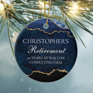 Navy Blue Gold Retirement Personalized Christmas Ceramic Tree Decoration