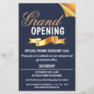 Navy Blue & Gold Ribbon Restaurant Grand Opening Flyer