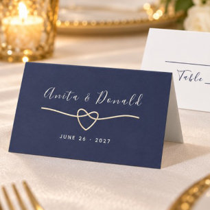 Navy Blue Gold Rope Heart Wedding Place Card