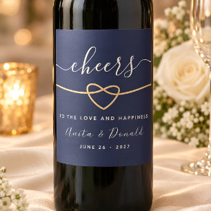 Navy Blue Gold Rope Heart Wedding Wine Label