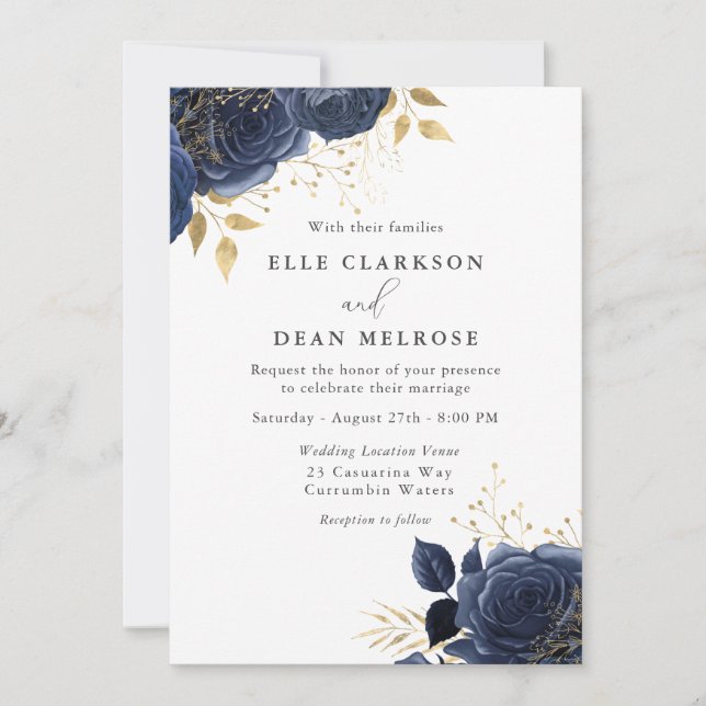 Navy Blue & Gold Roses Elegant Wedding Invitation (Front)
