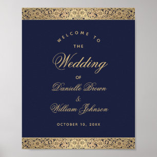 Navy Blue Gold Roses Elegant Wedding Welcome Sign