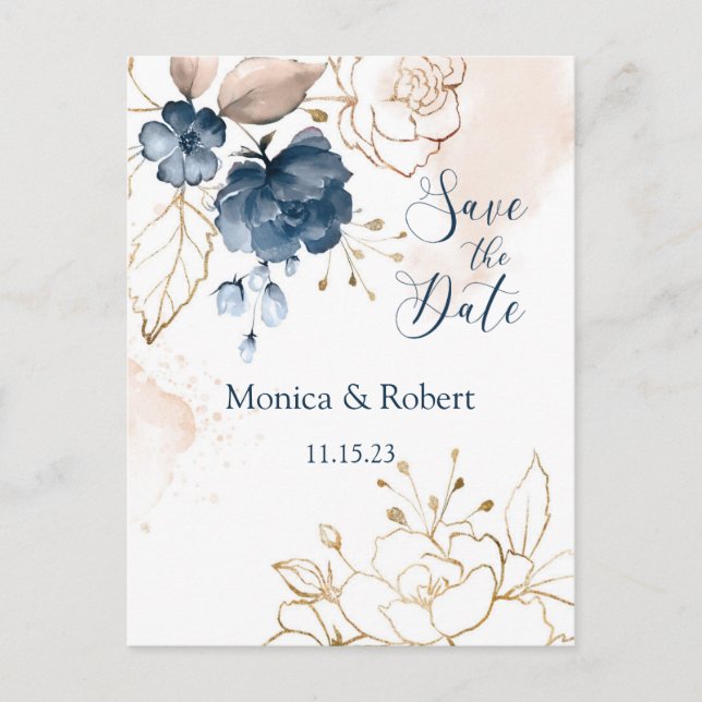 Navy blue & gold roses Save the Date Postcard (Front)